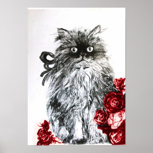 KITTEN MET ROZEN, zwart rood en wit Poster (Voorkant)