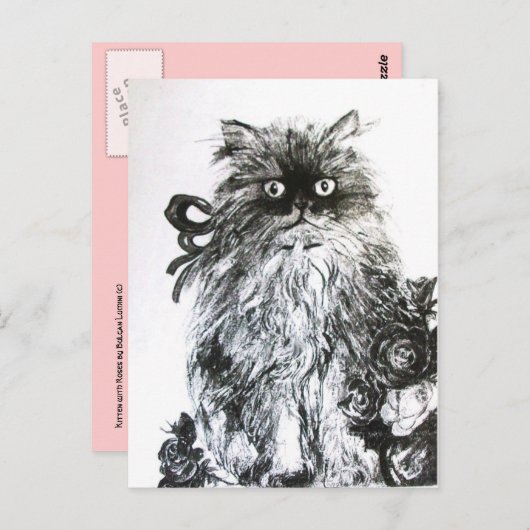 KITTEN MET ROZEN, zwart roze en wit Briefkaart (Voorkant / Achterkant)