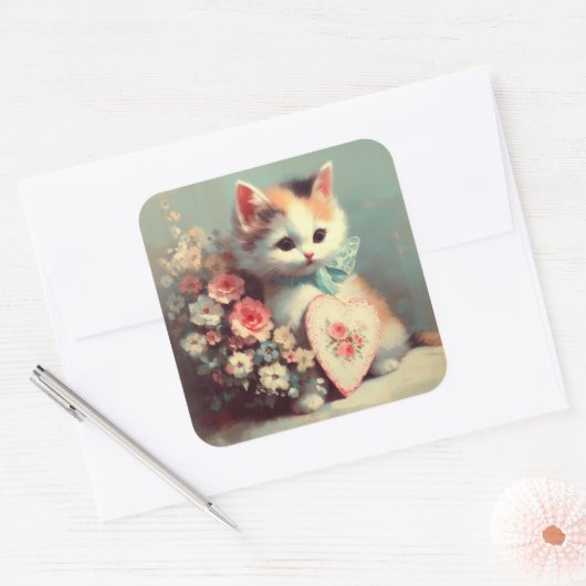 Kitten met Valentijn Schilderen Sticker (Envelop)