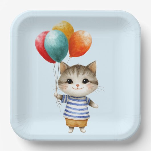 Kitten met verjaardagsballonnen | Schattigee feest Papieren Bordje (Voorkant)