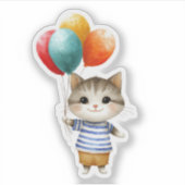 Kitten met verjaardagsballonnen | Schattigee feest Sticker (Voorkant)
