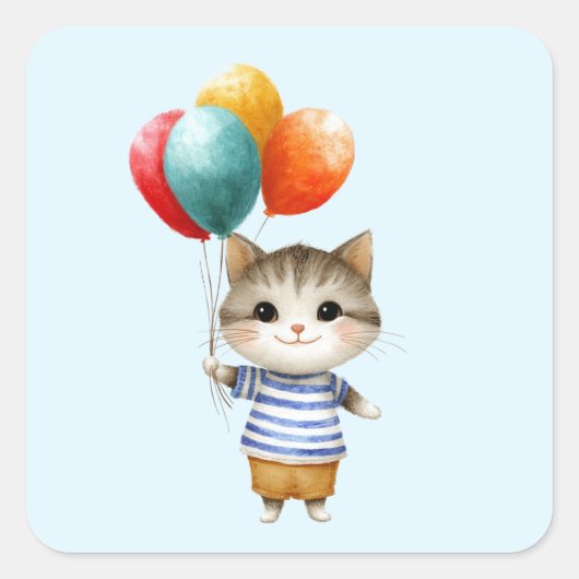 Kitten met verjaardagsballonnen | Schattigee feest Vierkante Sticker (Voorkant)