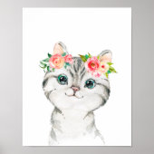 Kitten met Waterverf Flowers Art Print (Voorkant)