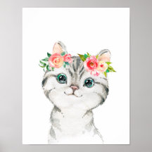 Kitten met Waterverf Flowers Art Print