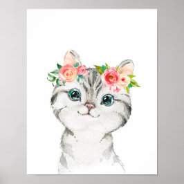 Kitten met Waterverf Flowers Art Print