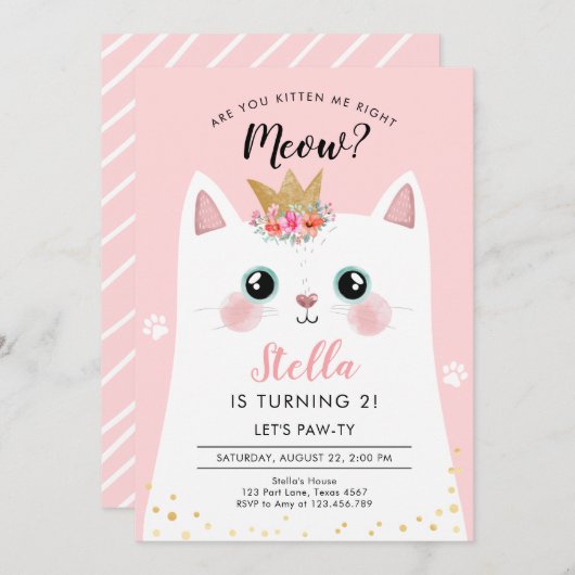 Kitten Miauw roze kroon meisje Kitty kat verjaarda Kaart (Voorkant / Achterkant)