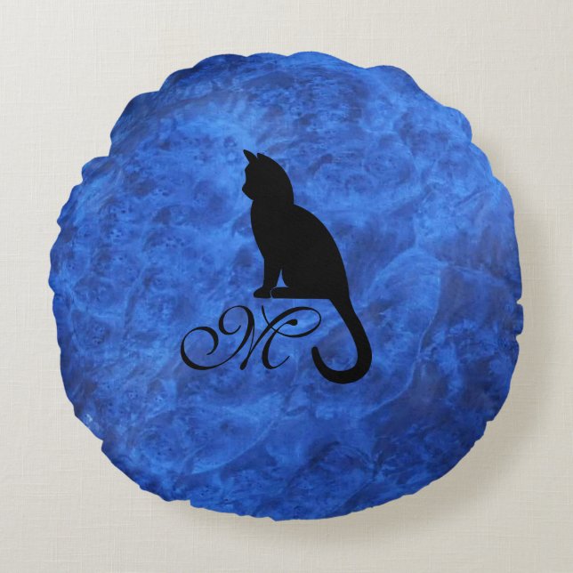 Kitten Monogram Saffier Blauw Rond Kussen (Voorkant)