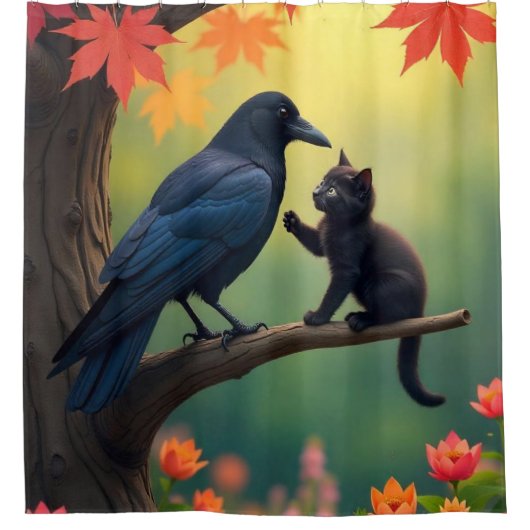 Kitten Oak Tree Garden Raven-Crows Douchegordijn (Voorkant)