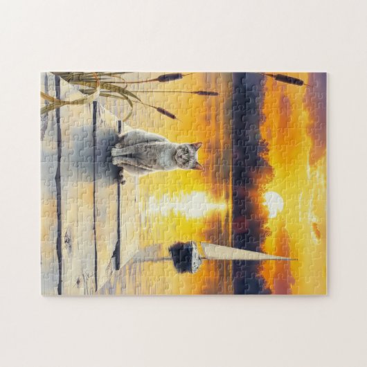 kitten on the dock at sunset legpuzzel (Horizontaal)