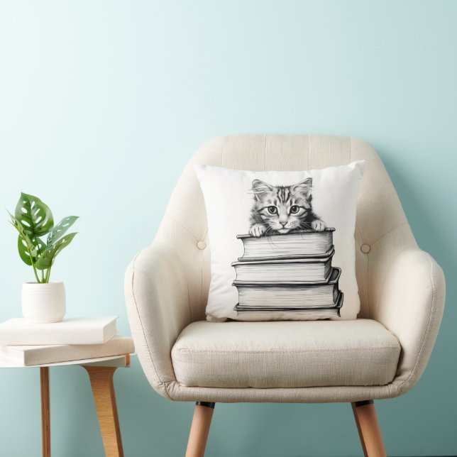 Kitten op boeken monochromatisch kussen (Stoel)