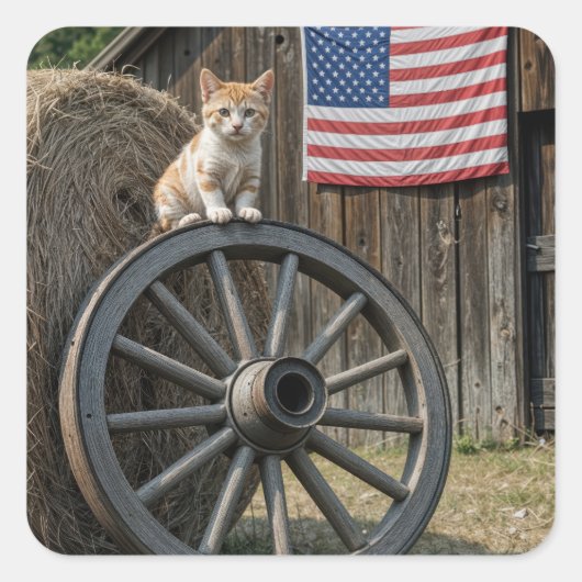 Kitten op een oude wagenwiel vierkante sticker (Voorkant)