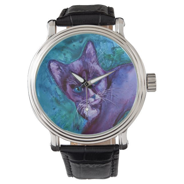 Kitten "Paarse Tuxedo" horloge (Voorkant)