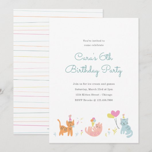 Kitten Party Birthday Invite Kaart (Voorkant / Achterkant)