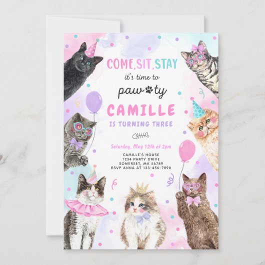 Kitten Party Laten we Pawty Kitty Cat Birthday Kaart (Voorkant)