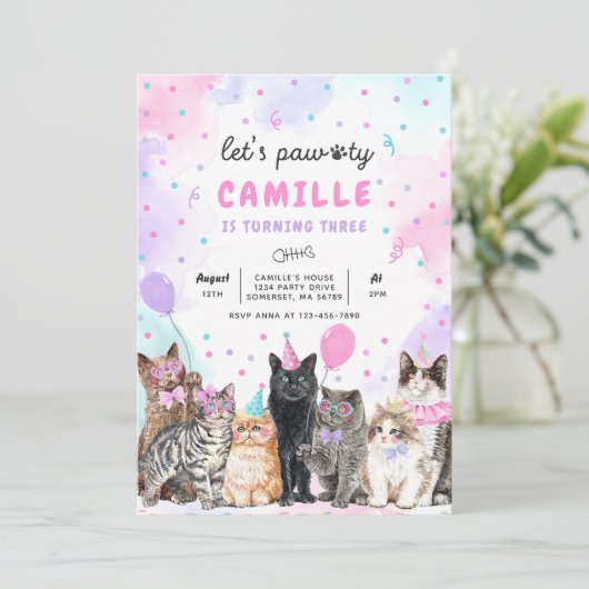 Kitten Party Laten we Pawty Kitty Cat Birthday Kaart (Staand voorkant)