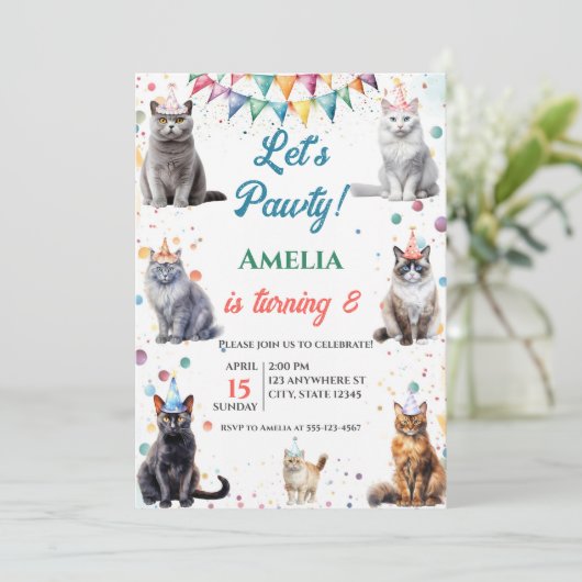 Kitten Party Let's Pawty Fun Cat Verjaardag Kaart (Staand voorkant)