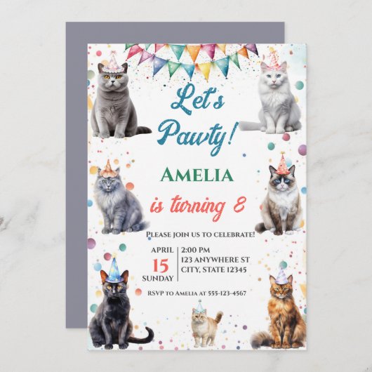 Kitten Party Let's Pawty Fun Cat Verjaardag Kaart (Voorkant / Achterkant)