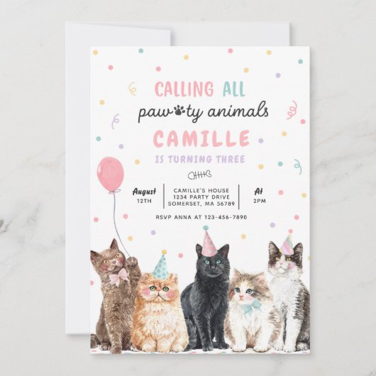Kitten Party roept alle Pawty Animals Birthday op Kaart (Voorkant)