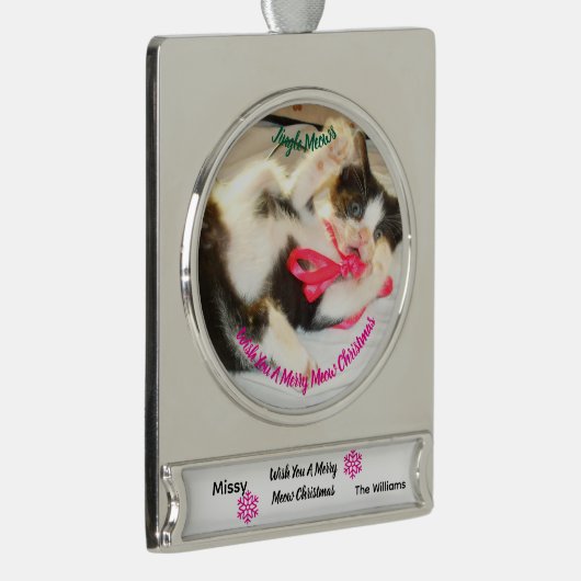 Kitten Photo Text Jingle Meows, Customize, Verzilverd Banner Ornament (Rechts)