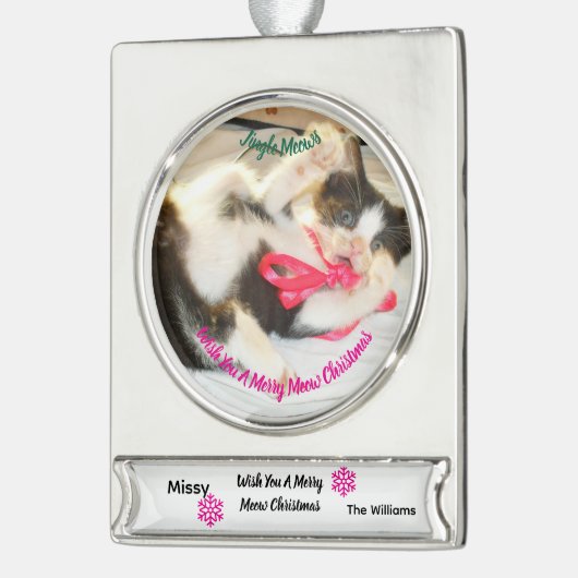 Kitten Photo Text Jingle Meows, Customize, Verzilverd Banner Ornament (Links)