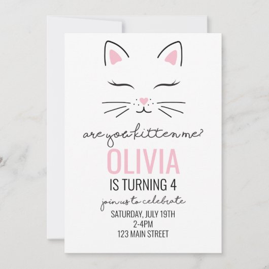 Kitten Pink Hearts Birthday Kaart (Voorkant)