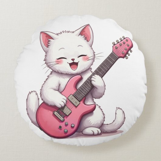 Kitten Playing Guitar Rond Kussen (Voorkant)