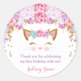 Kitten poes bloemig roze paarse blauwgroen ronde sticker