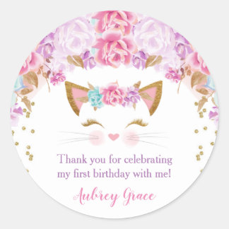 Kitten poes bloemig roze paarse blauwgroen ronde sticker