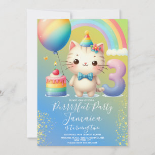 Kitten Regenboog Feestje 3e Verjaardag Kaart
