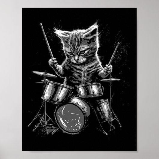 Kitten Rock Band Drummer Cat Plays Drums Poster (Voorkant)