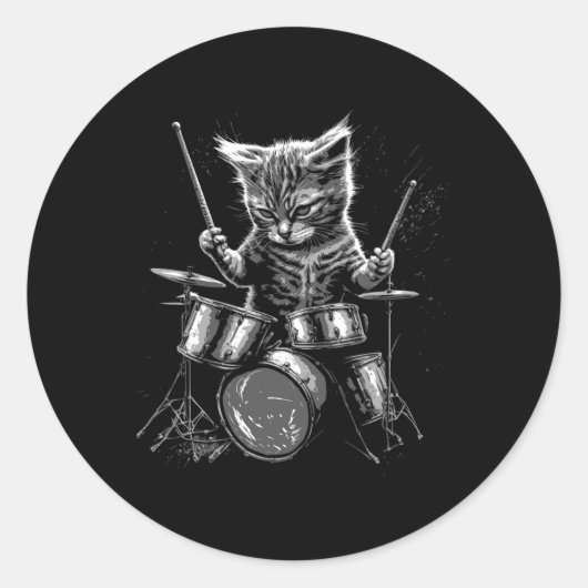 Kitten Rock Band Drummer Cat Plays Drums Ronde Sticker (Voorkant)