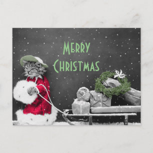 Kitten Santa en slee van pakketten Feestdagenkaart