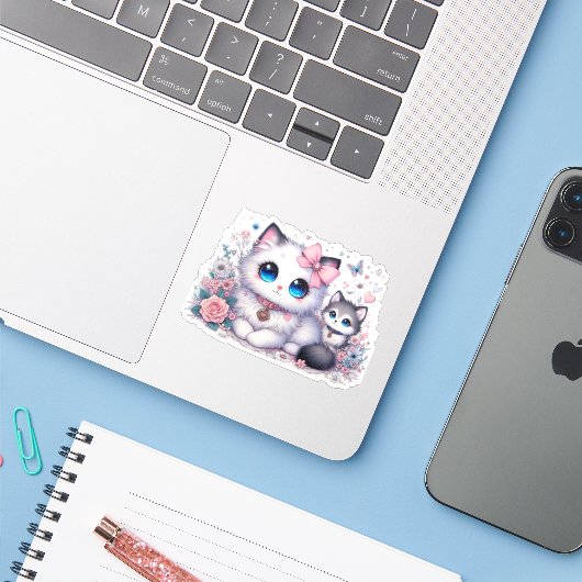 Kitten Schattigheid Overload: Sparkling-Eyed Cat & Sticker (Laptop met iPhone)