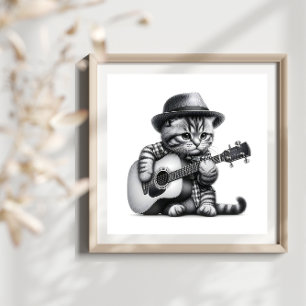 Kitten Shirt Pet Acoustic Guitar Pencil Portrait Poster