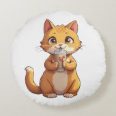 Kitten Sipping Coffee Rond Kussen (Achterkant)