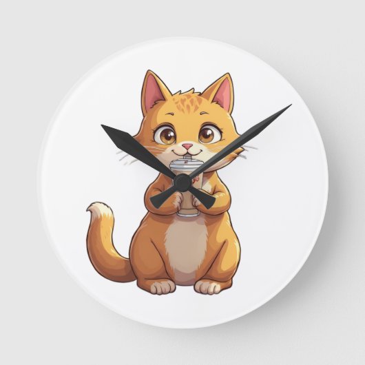 Kitten Sipping Coffee Ronde Klok (Voorkant)