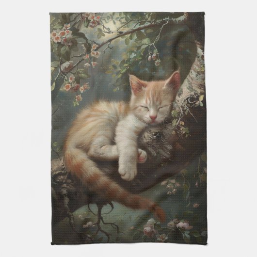 Kitten slapen in een boom theedoek (Verticaal)