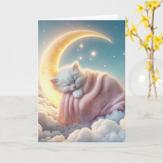 Kitten slapen op een maansikkel kaart (Gele Bloem)