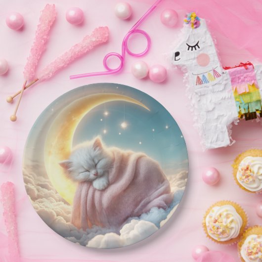 Kitten slapen op een maansikkel papieren bordje (Feest)
