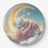 Kitten slapen op een maansikkel papieren bordje (Voorkant)