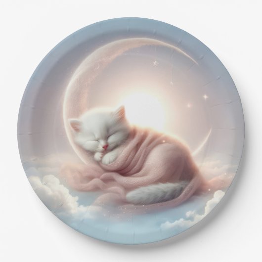 Kitten slapen op een maansikkel papieren bordje (Voorkant)