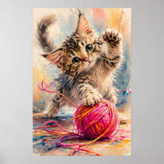 Kitten speelt met roze garen Kattenliefhebber Poster
