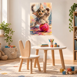 Kitten speelt met roze garen kattenliefhebber poster
