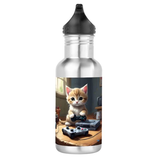 Kitten speelt spelcomputer, waterfles (Rechts)