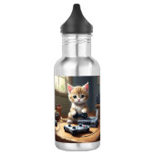 Kitten speelt spelcomputer, waterfles (Links)