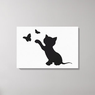 KITTEN SPELEN MET BUTTERFLIES CANVAS AFDRUK