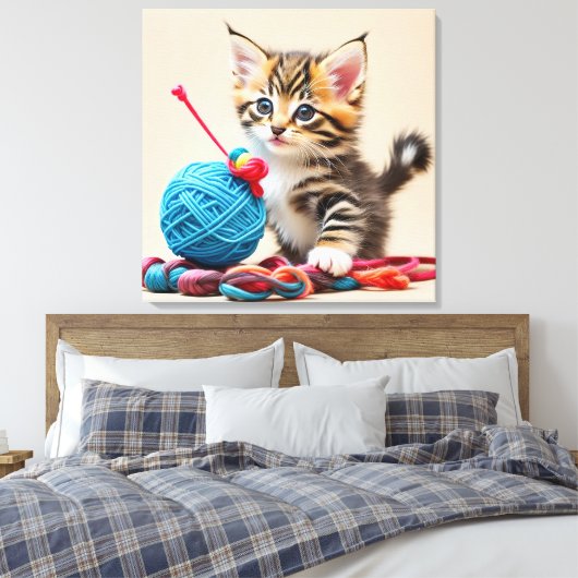 Kitten spelen met een bal van draad canvas afdruk (Insitu (Slaapkamer))