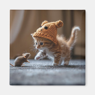 Kitten spelen met een kleine muis magneet
