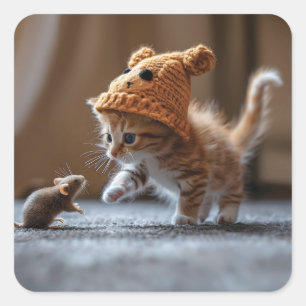 Kitten spelen met een kleine muis vierkante sticker