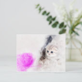 Kitten spelen met een roze garen bal waterverf briefkaart (Staand voorkant)